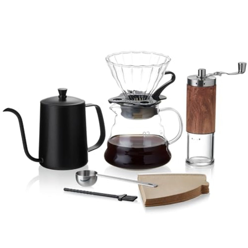 Pour Over Coffee Maker Set 6pcs Set with Coffee Maker Hand Coffee Grinder Hand Drip Kettle V60 Filters 40 Sheets and Measuring Spoon Perfect for Home Brewing and Travel
