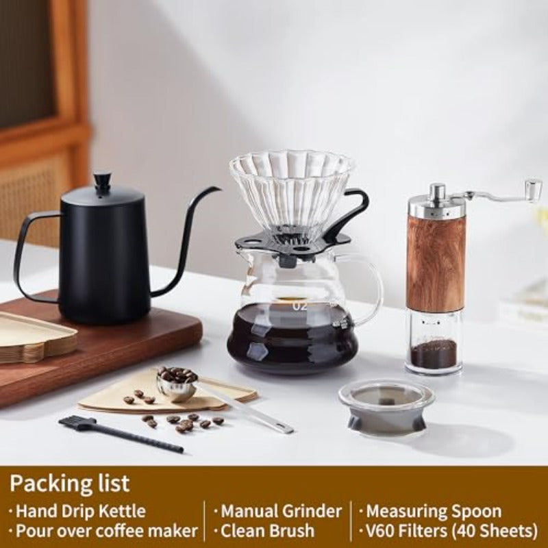 Pour Over Coffee Maker Set 6pcs Set with Coffee Maker Hand Coffee Grinder Hand Drip Kettle V60 Filters 40 Sheets and Measuring Spoon Perfect for Home Brewing and Travel